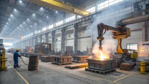 Worker in a metal factory operating a robotic arm pouring molten metal into a mold, with industrial equipment and safety gear visible.